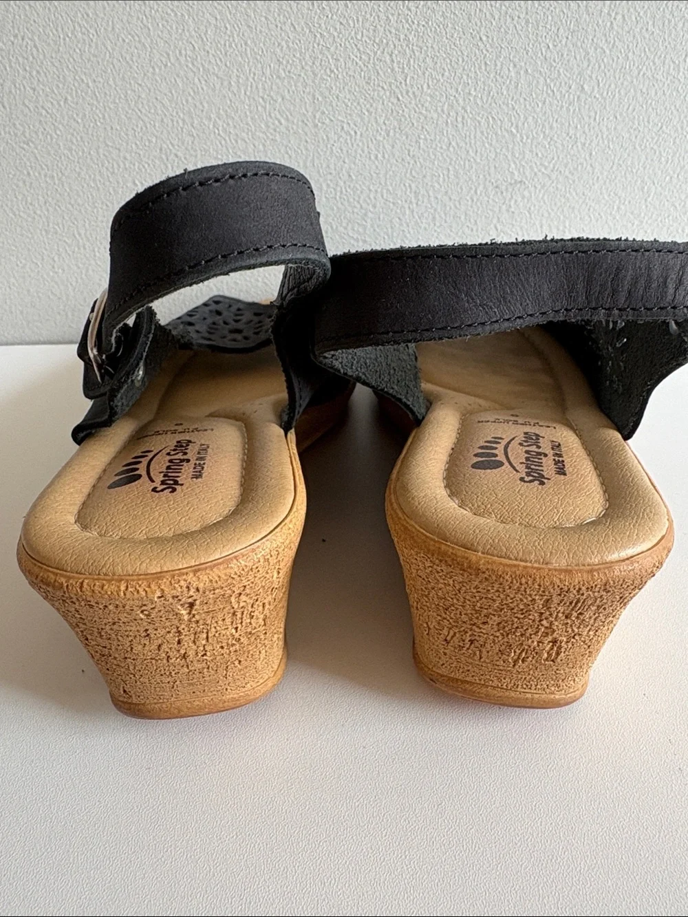 Spring Step Size 9 Navy Leather Cutout Slingback Wedge Sandals Made Italy